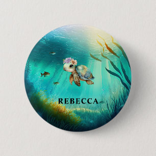 Custom Name Cute Turtle Ocean Background Kids  2 Inch Round Button