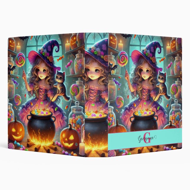 Custom Name Cute Whimsical Witch Halloween Treats Binder (Background)