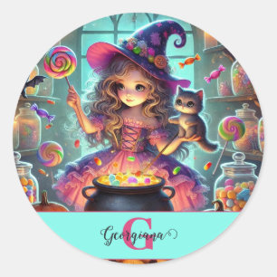 Custom Name Cute Whimsical Witch Halloween Treats Classic Round Sticker