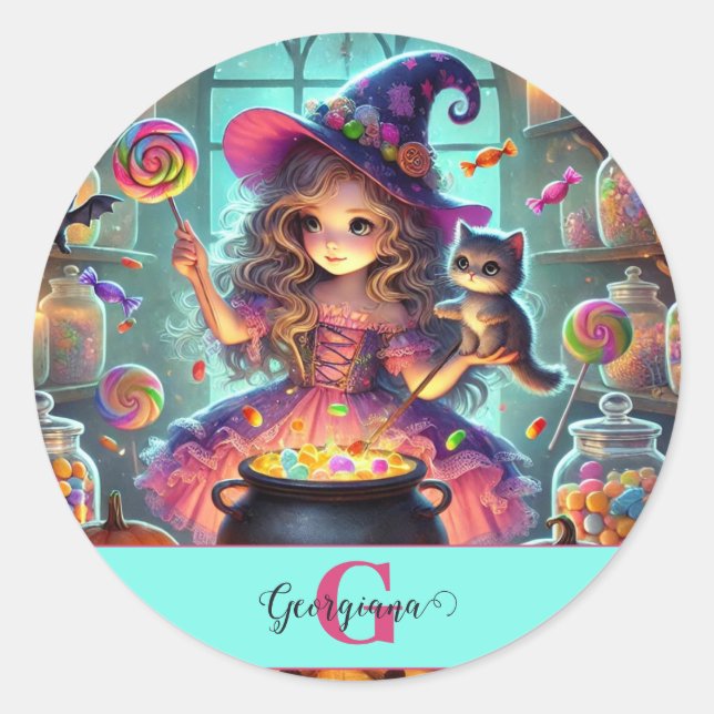 Custom Name Cute Whimsical Witch Halloween Treats Classic Round Sticker (Front)