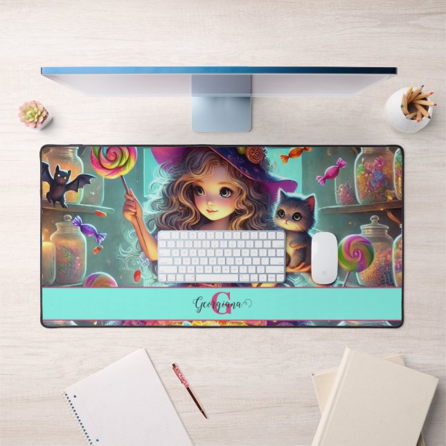 Custom Name Cute Whimsical Witch Halloween Treats Desk Mat (Office 1)