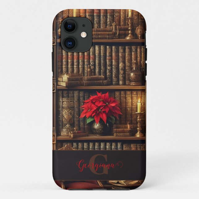 Custom Name Dark Academia Poinsettia Bookshelf Case-Mate iPhone Case (Back)