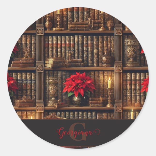Custom Name Dark Academia Poinsettia Bookshelf Classic Round Sticker (Front)