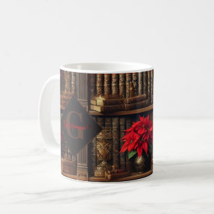 Custom Name Dark Academia Poinsettia Bookshelf Coffee Mug
