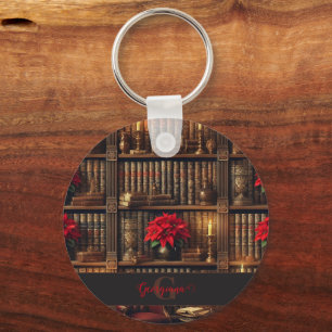 Custom Name Dark Academia Poinsettia Bookshelf Keychain