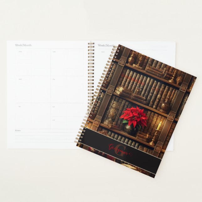 Custom Name Dark Academia Poinsettia Bookshelf Planner (Display)