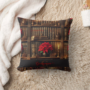 Custom Name Dark Academia Poinsettia Bookshelf Throw Pillow