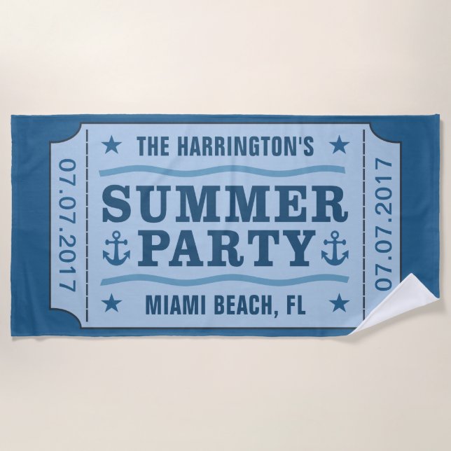 Custom name, date & location “Party Ticket” towel (Front)