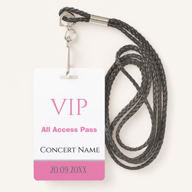 Custom Name Date VIP All Access Pass Concert Pink Badge (Front with Lanyard)