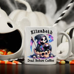 Custom Name Dead Before Coffee Funny Halloween Coffee Mug<br><div class="desc">Custom Text Personalized Grim Reaper Coffee Mug - 'Dead Before Coffee' Funny Halloween Mug for Women - Perfect Gift for Coffee Lovers & Spooky Enthusiasts. This unique coffee mug features a playful watercolor illustration of a cute Grim Reaper drinking coffee inside a skull, surrounded by smaller skulls. The vibrant design...</div>