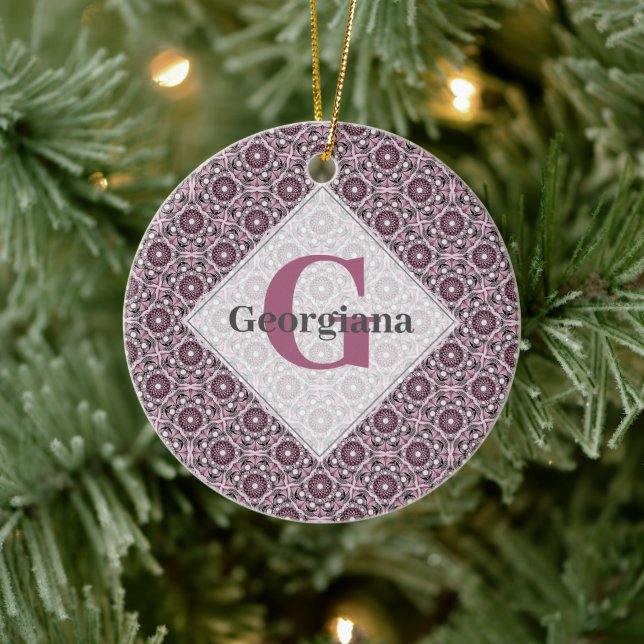 Custom Name Deco Dusky Rose Cherry Blossom Mandala Ceramic Ornament (Tree)