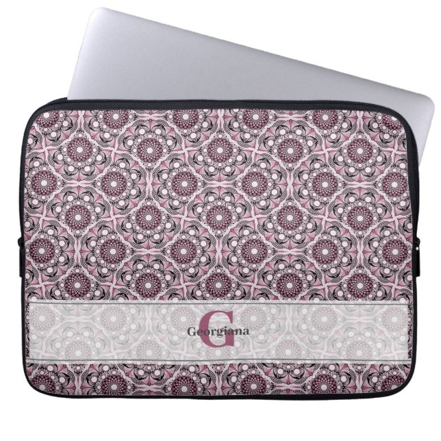 Custom Name Deco Dusky Rose Cherry Blossom Mandala Laptop Sleeve (Front)