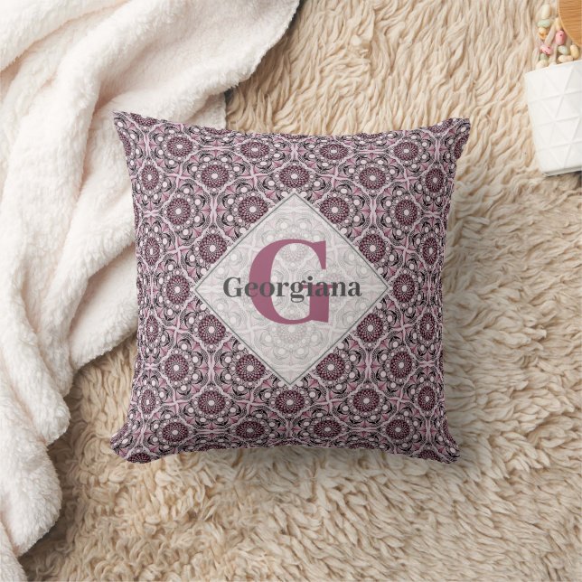Custom Name Deco Dusky Rose Cherry Blossom Mandala Throw Pillow (Blanket)