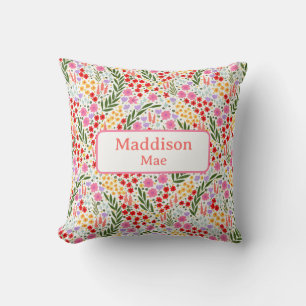 Custom Name Decor Colorful Floral Nursery Art Throw Pillow
