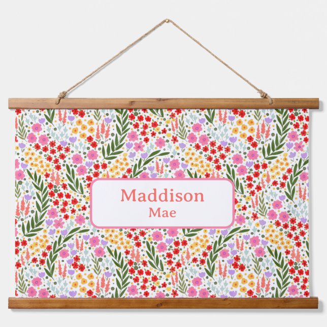 Custom Name Decor Colourful Floral Nursery Art Hanging Tapestry (Front)