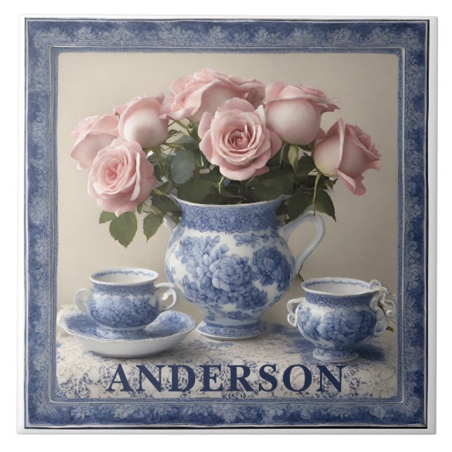 Custom Name Delft Blue Flowers Vase Tile (Front)