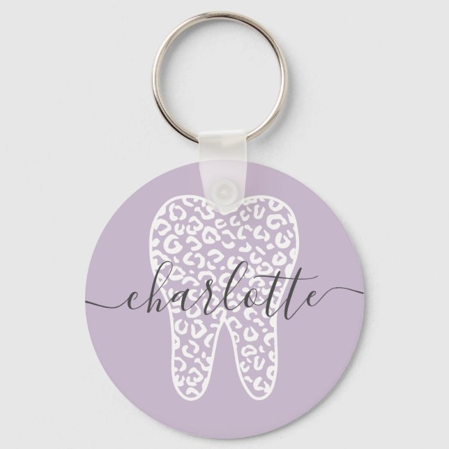 Custom Name Dental Leopard Print Tooth Gift Keychain (Front)