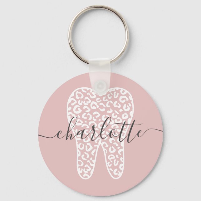Custom Name Dental Leopard Print Tooth Gift Keychain (Front)