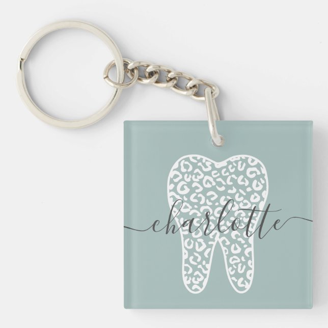 Custom Name Dental Leopard Print Tooth Gift Keychain (Front)