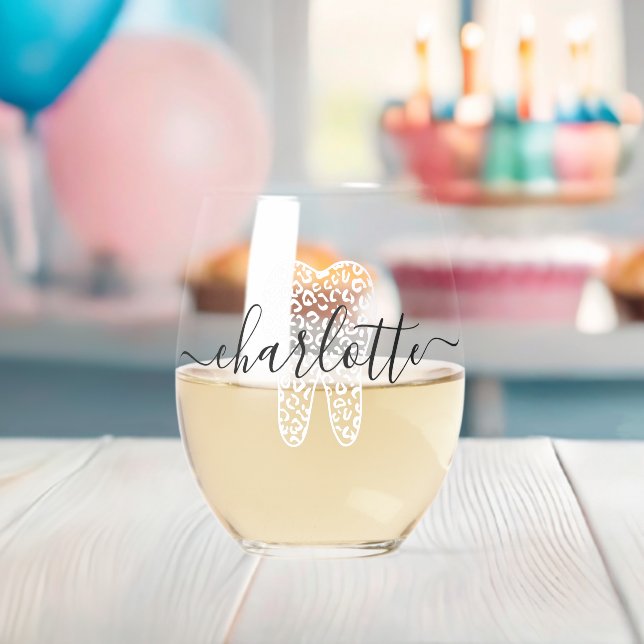 Custom Name Dental Leopard Print Tooth Gift Stemless Wine Glass (Insitu (Baby Shower))