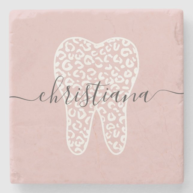 Custom Name Dental Leopard Print Tooth Stone Coaster (Front)
