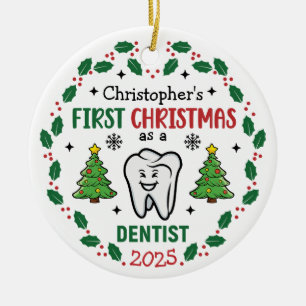 Custom Name Dentist First Christmas Tree Round Ceramic Ornament