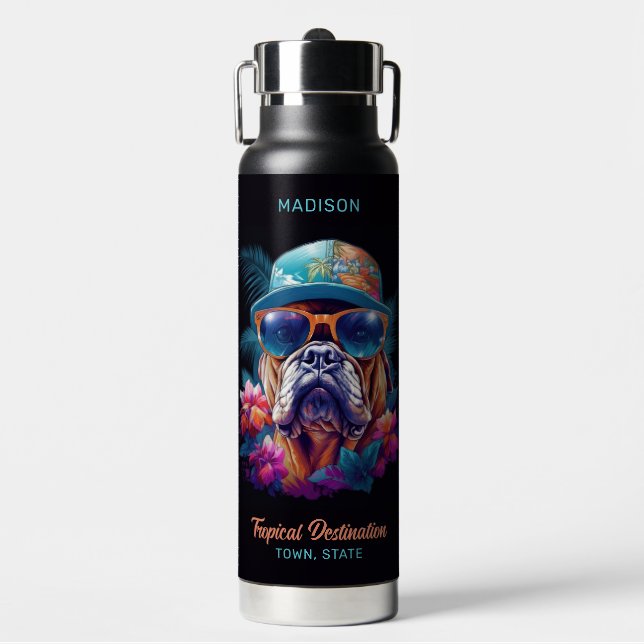 Custom Name & Destination Tropical Vacation Dog Water Bottle (Front)