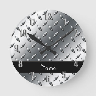 Custom name diamond plate steel black stripe round clock