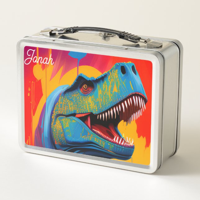 Custom Name Dinosaur Lunch Box - T-Rex Metal Box (Back)