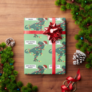 Custom Name Dinosaur Merry Christmas Lights Kids Wrapping Paper