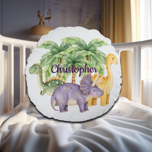 Custom Name Dinosaurs Palm Trees Round Pillow (Creator Uploaded)