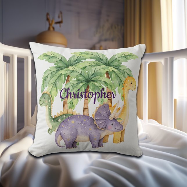 Custom Name Dinosaurs Palm Trees Throw Pillow (Creator Uploaded)