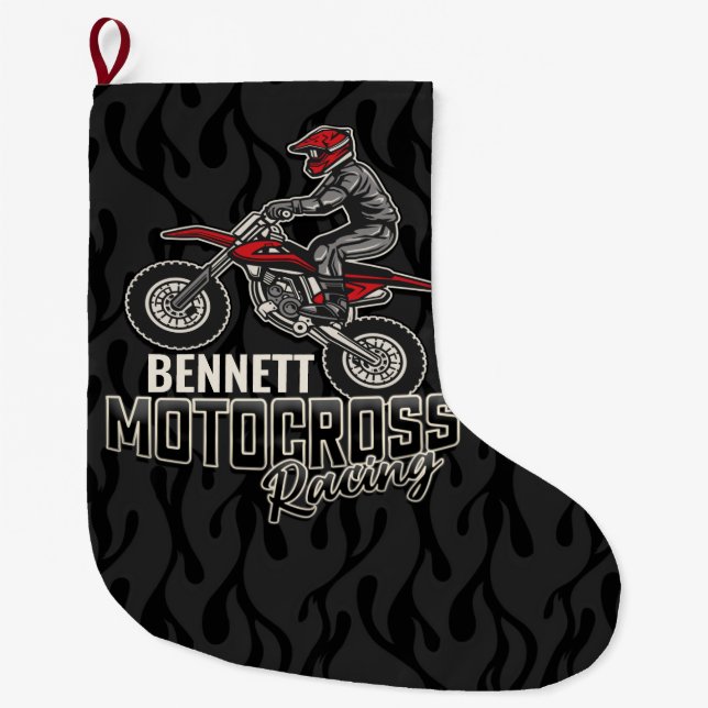 Custom NAME Dirt Bike Rider Motocross Racing Large Christmas Stocking (Front)