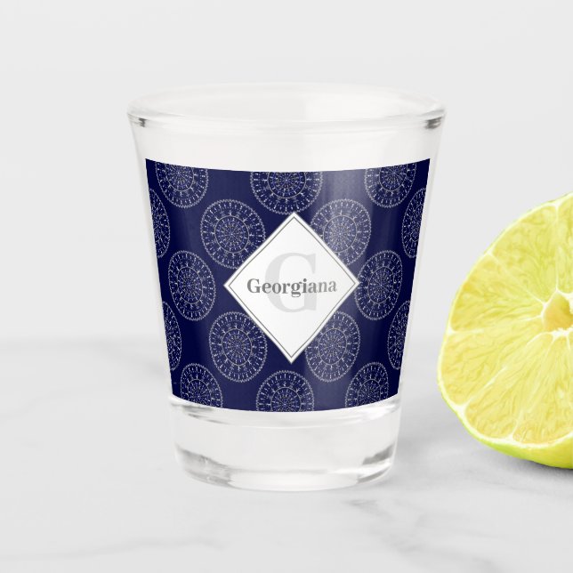 Custom Name Ditsy Winter Snow Angels Snowmen Dots Shot Glass (Front)