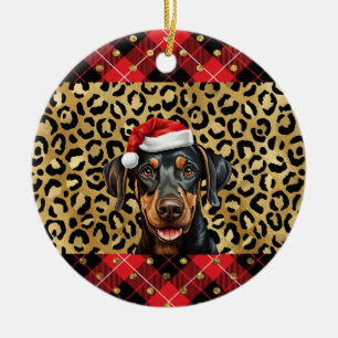 Custom Name Doberman Pinscher dog Santa hat  Ceramic Ornament