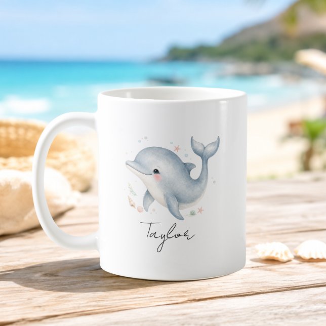 Custom Name Dolphin Kids Mug (Custom Name Script Font Dolphin Turtle Kids Mug)