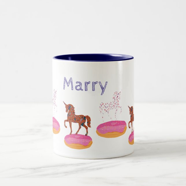 Custom Name Doughnuts Unicorns Art Two-Tone Coffee Mug (Center)