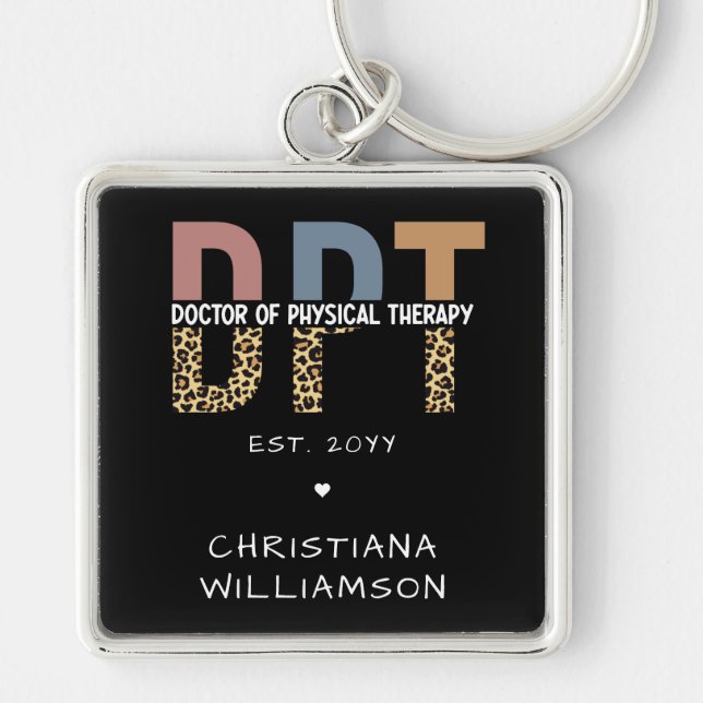 Custom Name DPT Doctor of Physical Therapy Cheetah Keychain (Front)