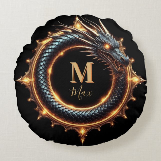 🐉 Custom Name Dragon Fantasy Symbol For Gamers 🔥 Round Pillow (Front)