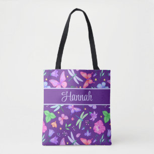 Custom Name dragonfly and butterfly purple pink Tote Bag