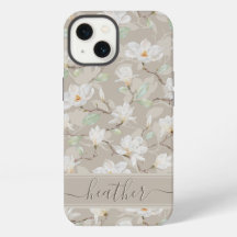 Custom Name Drawn White Magnolia on Blush Beige