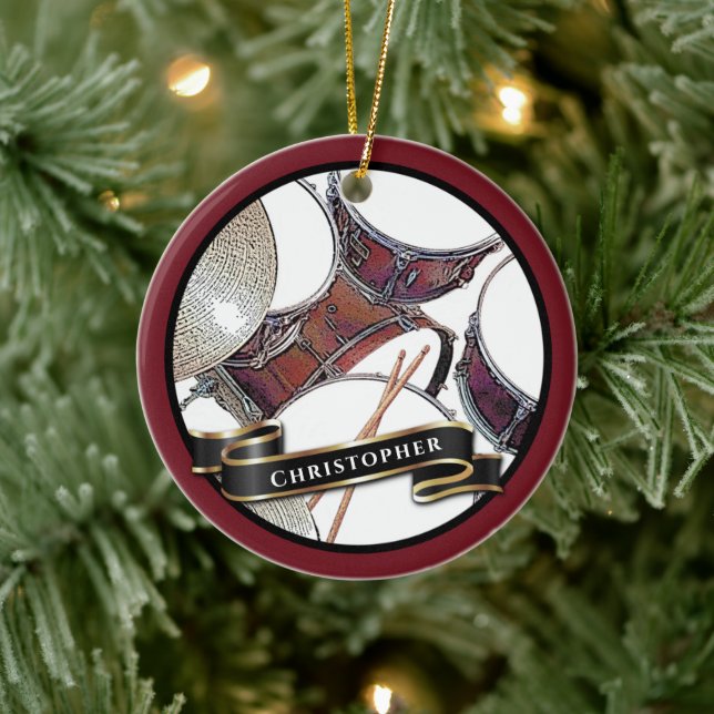 Custom Name Drummer Boy Christmas Drum Holiday Ceramic Ornament (Tree)