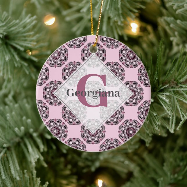 Custom Name Dusky Rose Cherry Blossom Dot Mandala Ceramic Ornament (Tree)