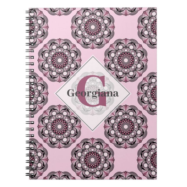 Custom Name Dusky Rose Cherry Blossom Dot Mandala Notebook (Front)