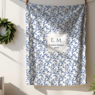 Custom Name Dusty Blue Toile Floral Cozy Blanket