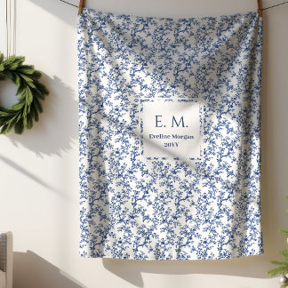 Custom Name Dusty Blue Toile Floral Cozy Blanket
