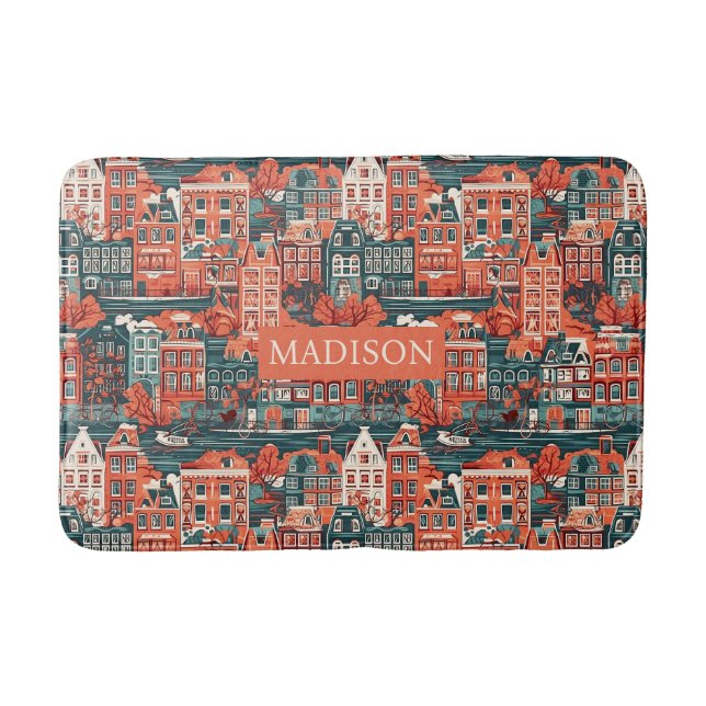 Custom Name Dutch Houses Pattern Bath Mat (Front)