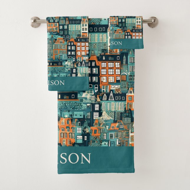 Custom Name Dutch Houses Pattern Bath Towel Set (Insitu)