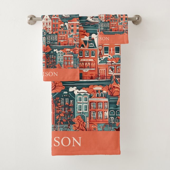 Custom Name Dutch Houses Pattern Bath Towel Set (Insitu)