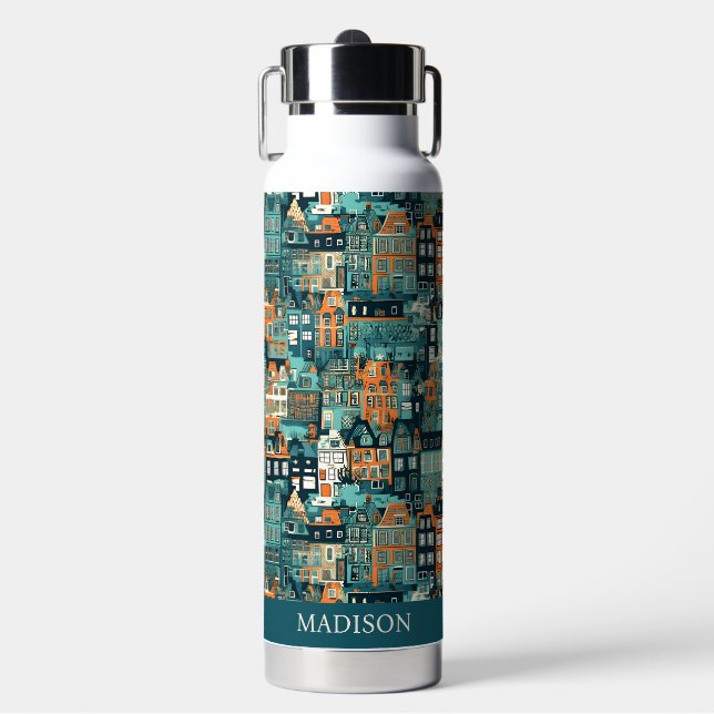 Custom Name Dutch Houses Pattern Water Bottle (Front)